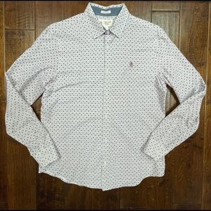 Mens long sleeve button down in plum and cream by Penguin. Slim Fit size large.